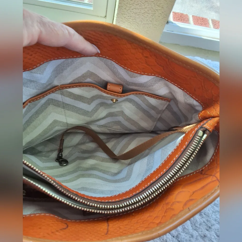 Dooney & Bourke Ostrich Orange and Brown Tote with Structured Design - Picture 8 of 14